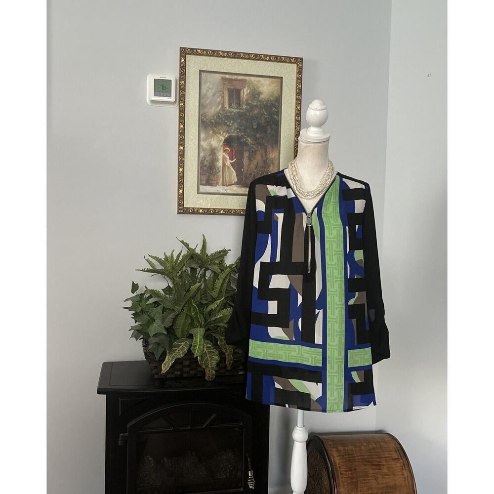 Alfani Women Blouse Size 12 Tab Long Sleeve Collarless 1/2 Open Zipper Front